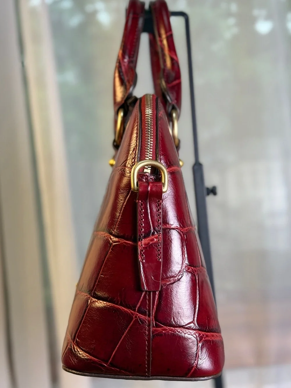 Dooney and Bourke Croco Fino Domed Satchel Bordeaux Burgundy Leather Bag